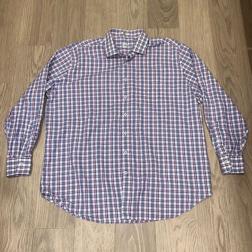 Peter Millar Plaid Button Up Dress Shirt White Red Blue Mens XXL